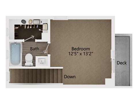 A floor plan of a small apartment with a bathroom, bedroom, and deck.